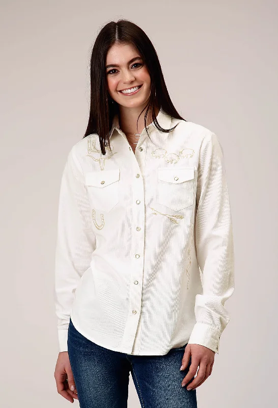 WOMENS LONG SLEEVE SNAP CREAM CORDUROY WESTERN BLOUSE WITH EMBROIDERY DECORATION Textured Cotton Blouse