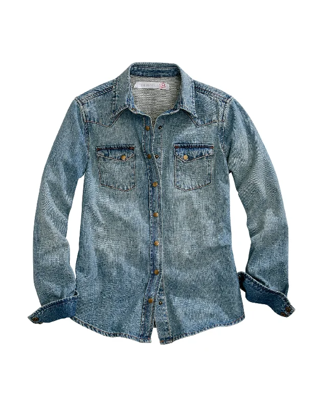 WOMENS BOYFRIEND FIT DENIM BLOUSE Elegant Semi-Sheer Blouse