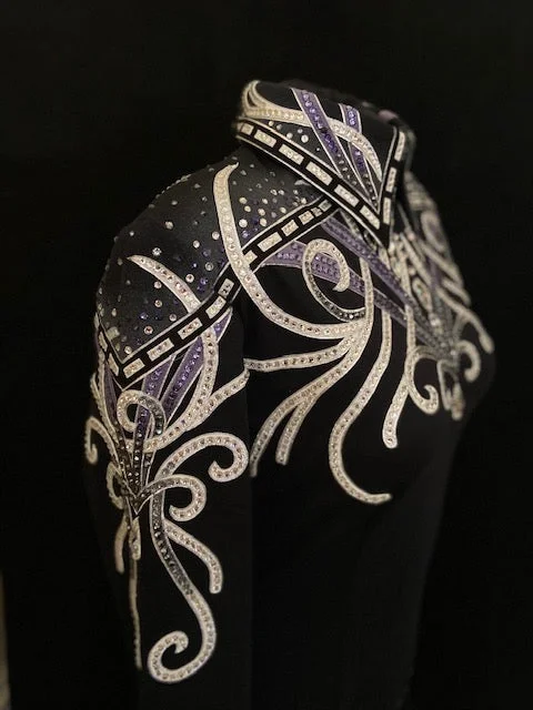 #1366 Black w/White and Lavendar Show Blouse, Ladies L, 8637-14 Oversized Silk Blouse