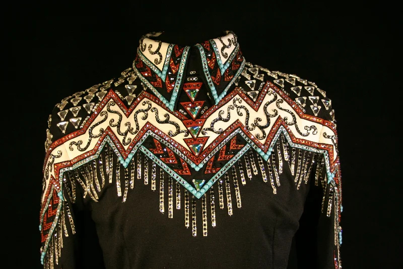 2000 Black Rust Turquoise Show Blouse, Ladies L,  8637-8 Feminine Puff Blouse