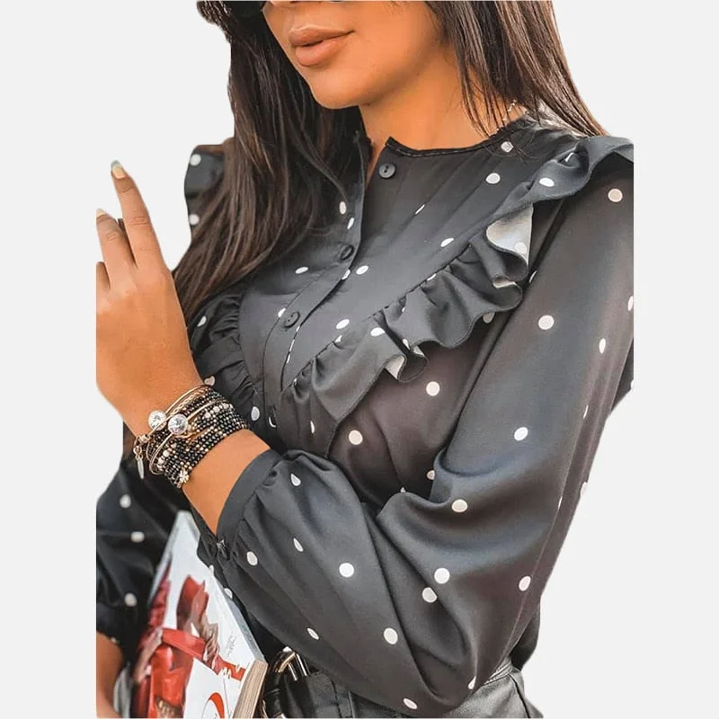 2020 Ruffle Polka Dot Print Women's Blouse O-neck Buttons Long Sleeve Blouses Female Spring Summer Casual Shirt Lady Clothes Floral Print Blouse 2020 Ruffle Polka Dot Print Women's Blouse O-neck Buttons Long Sleeve Blouses Female Spring Summer Casual Shirt Lady Clothes Floral Print Blouse
