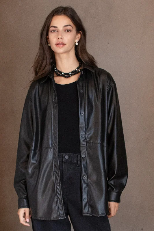 ANNY VEGAN LEATHER SHACKET Sheer Sleeve Blouse