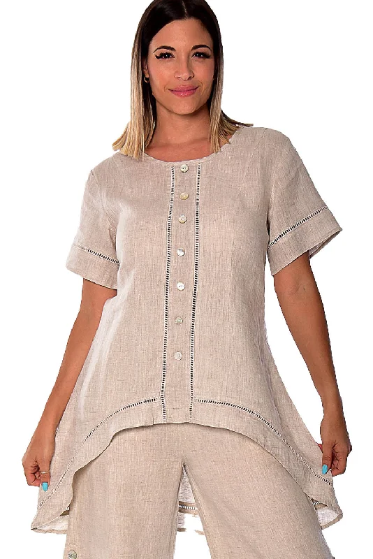 Azucar Ladies 100% LINEN Short Sleeve Wide Neck Hi-Low Blouse - LLWB2083 Soft Satin Blouse Azucar Ladies 100% LINEN Short Sleeve Wide Neck Hi-Low Blouse - LLWB2083 Soft Satin Blouse
