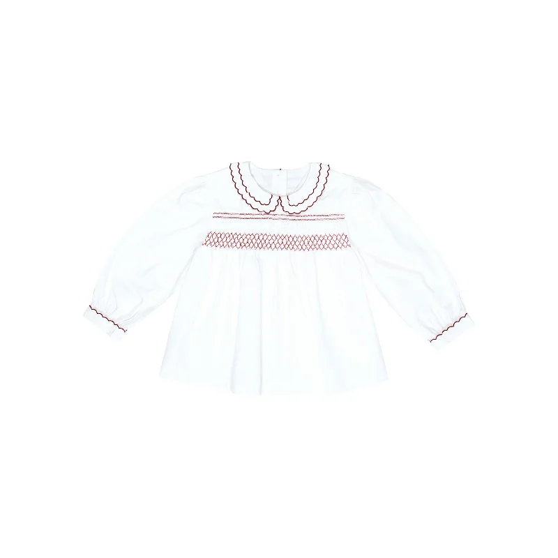 Batsheva White Smocked Blouse Collared Satin Blouse