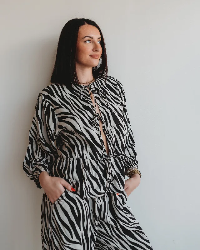 Blake  Zebra Print Tie Blouse Top Oversized Silk Blouse