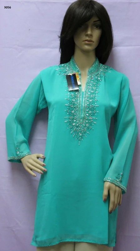 Blouse 9056 Solid Firozi Georgette Silver Detail Cocktail Wear Medium Size Kurti Slim Fit Blouse