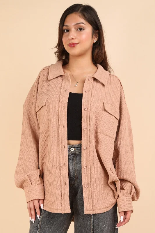 Textured Knit Button Down Blush Shacket for Women Sheer Mesh Blouse