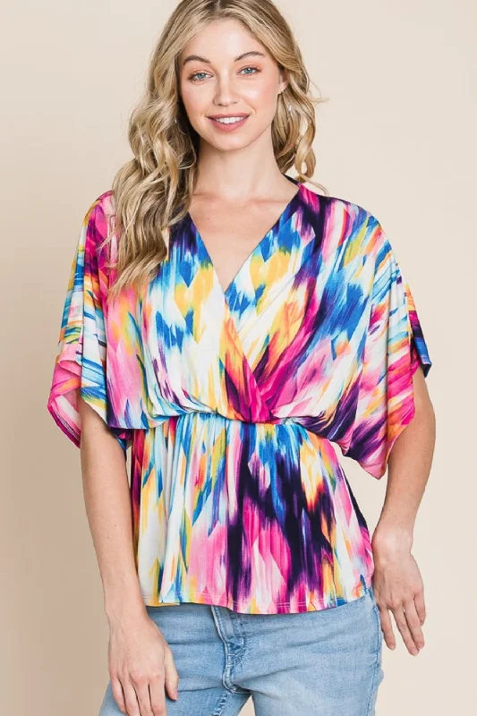 Printed Surplice Peplum Blouse High Neck Blouse