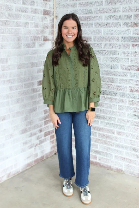 Brunch At Noon Eyelet Detail Blouse Soft Satin Blouse