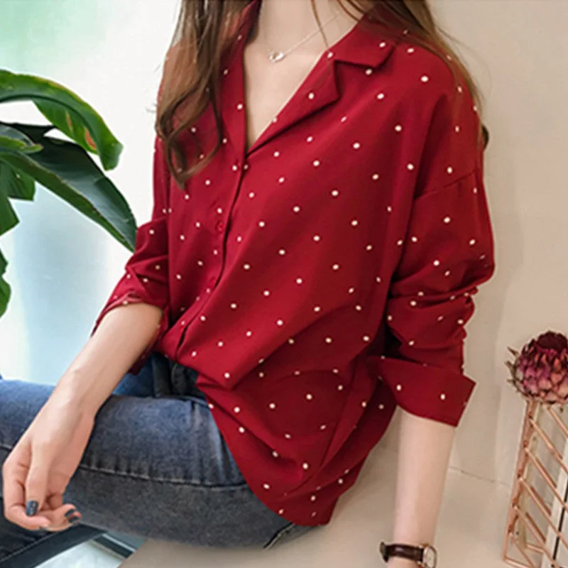 Casual Chiffon Polka Dots Shirt Women Top  Long Sleeves Blouses Boho Chic Blouse