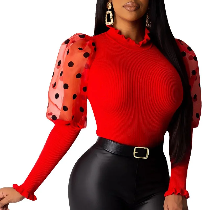 Casual Knit Ribbed Blouse O-neck Slim Mesh Silky Draped Blouse