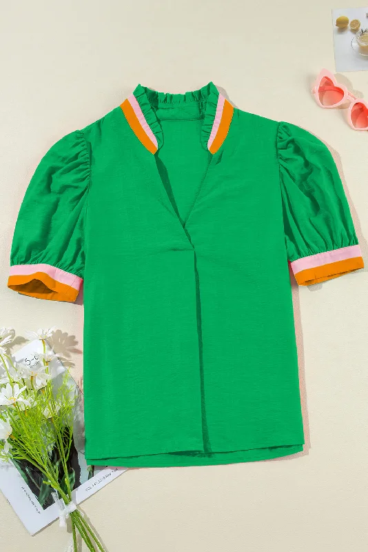 Contrast Trim Notched Short Sleeve Blouse Pastel Color Blouse