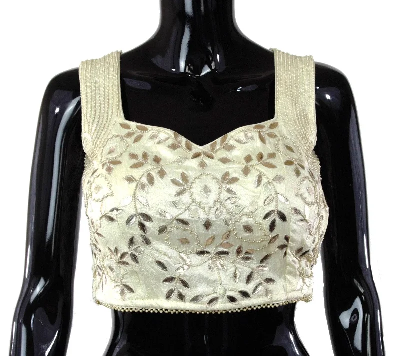 Cream Color Silk Blouse with Leather Patti Work Embellished Collar Blouse