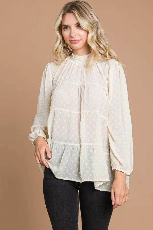 Culture Code Full Size Swiss Dot Smocked Mock Neck Blouse Silky Tunic Blouse