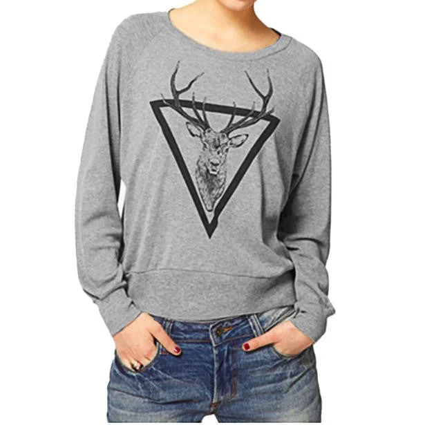 Fashion Women elk Printed Loose Blouse Long Sleeve Versatile Layering Blouse