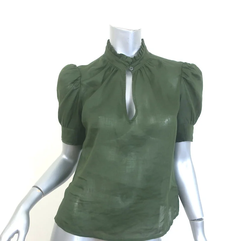 FRAME Deep V Ruffle Collar Top Fatigue Green Size Extra Small Puff Sleeve Blouse Sleeveless Chiffon Blouse FRAME Deep V Ruffle Collar Top Fatigue Green Size Extra Small Puff Sleeve Blouse Sleeveless Chiffon Blouse