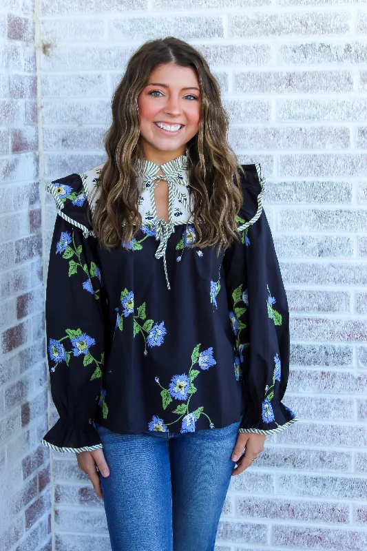 Glimpse Of Grace Two Tone Floral Blouse Mandarin Collar Blouse