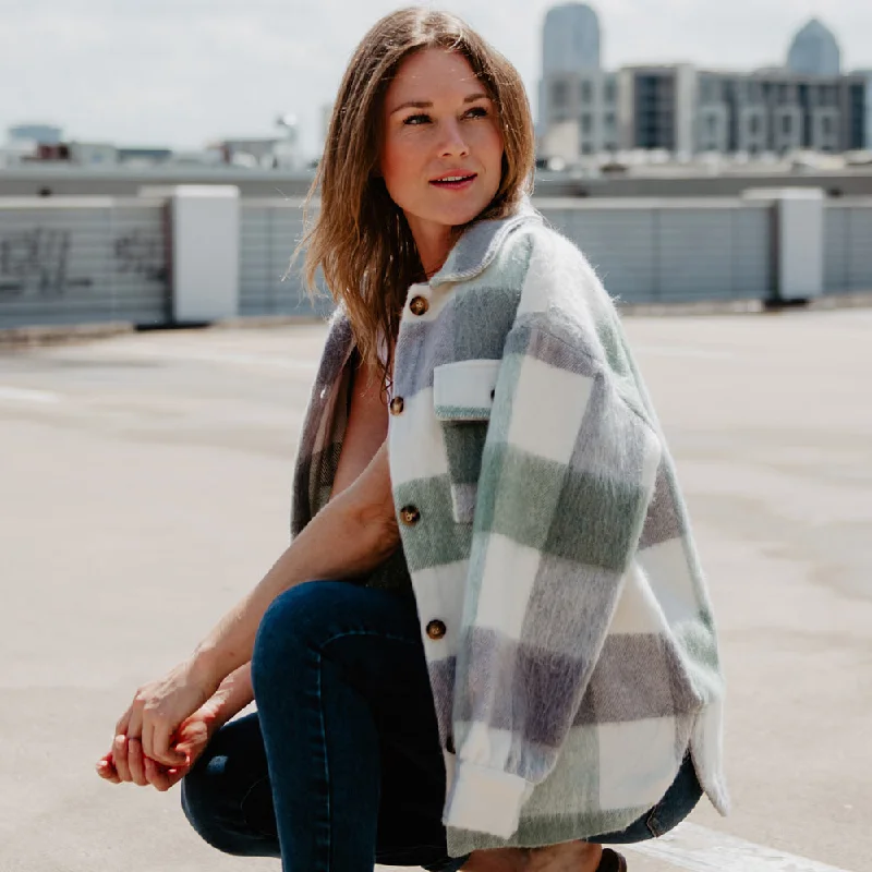 Green/Gray Plaid Shackets Double-Layered Blouse
