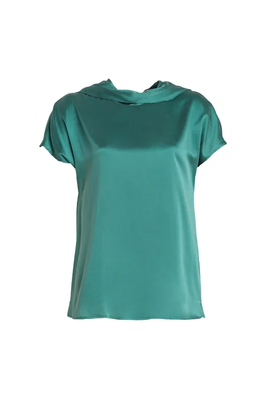 Green Pure Silk Cecilia Short Sleeve Women's Blouse Side Tie Blouse