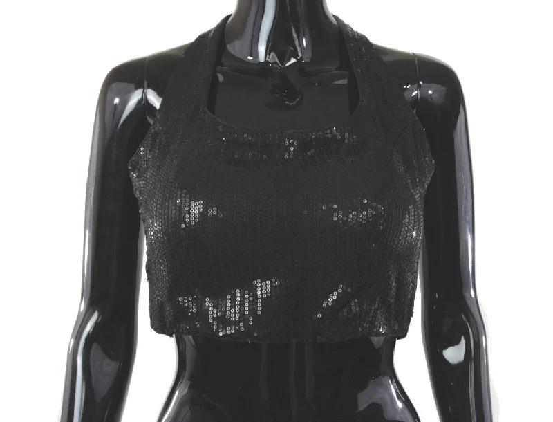 Halter Neck Black Sequin Blouse Soft Knit Blouse
