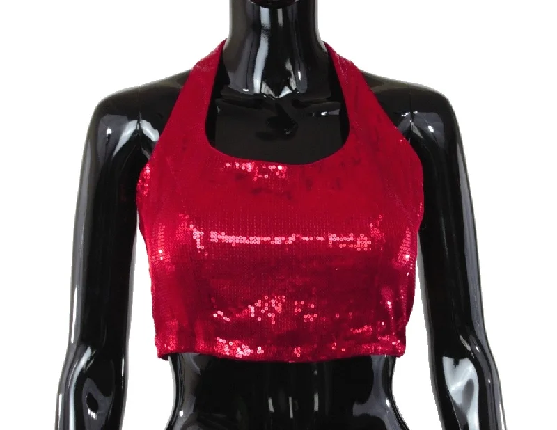 Halter Neck Red Sequin Blouse Double Button Blouse
