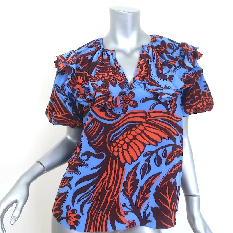 Johanna Ortiz Mundo Invisible Top Blue Printed Silk Size 4 Short Sleeve Blouse Frilled Cuff Blouse