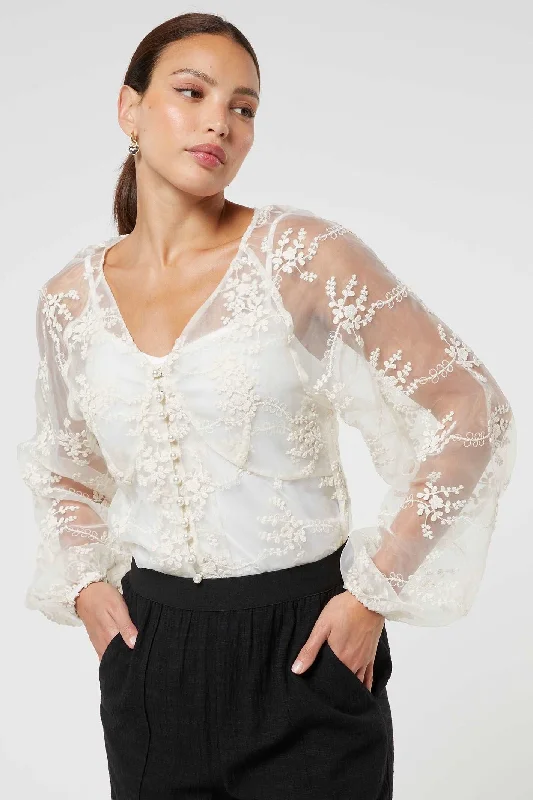 Jovonna  Contessa Beige Lace V Neck Neck Blouse with Cami Sheer Mesh Blouse