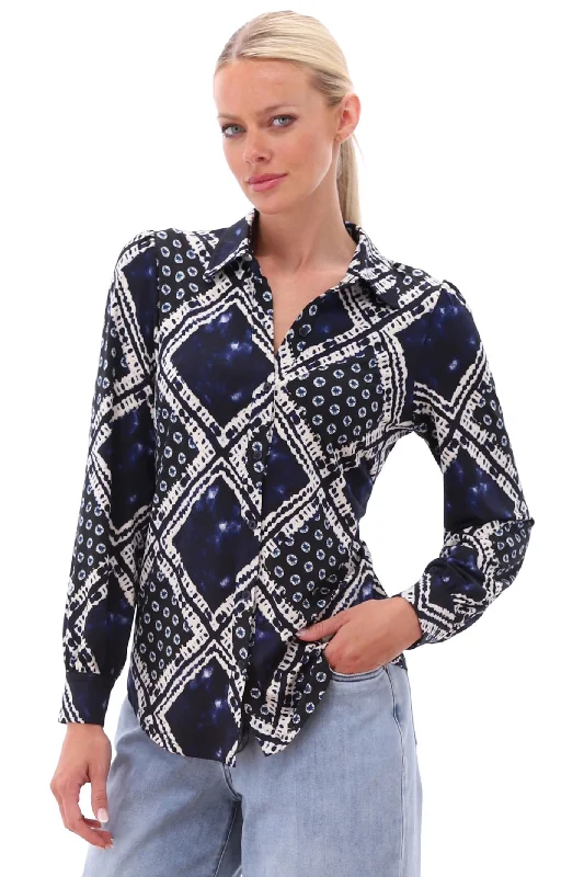 K-Design Z375 P886 Navy Print Blouse Satin Long Blouse