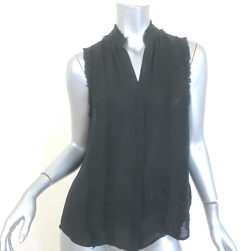 L'Agence Frayed Ruffle Blouse Black Silk Size Small Sleeveless Button-Up Top Subtle Shimmer Blouse L'Agence Frayed Ruffle Blouse Black Silk Size Small Sleeveless Button-Up Top Subtle Shimmer Blouse