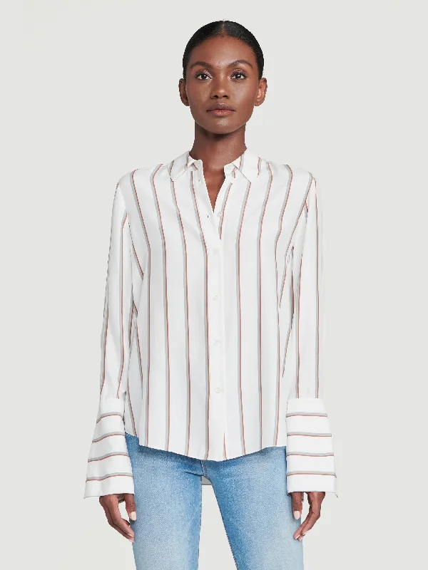 Silk Long Cuff PJ Blouse -- Off White Multi Double Button Blouse