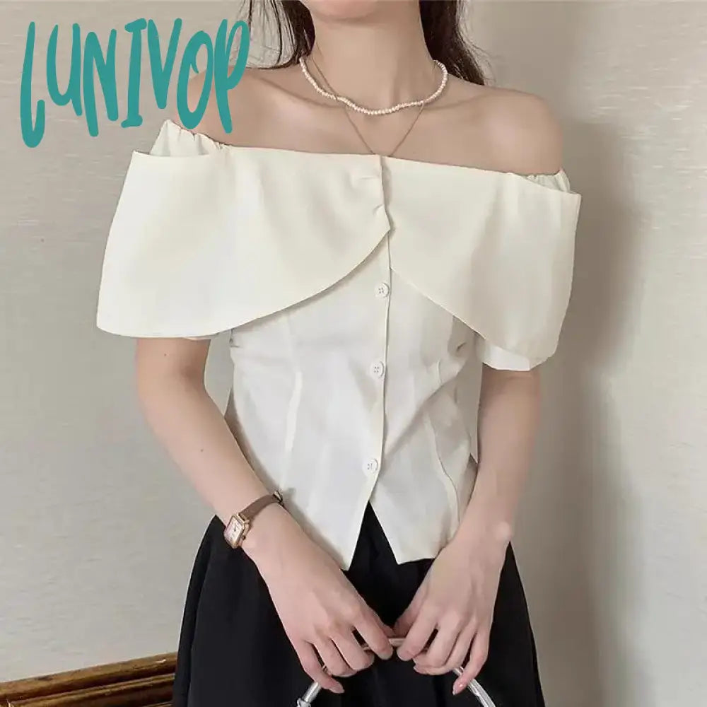 Lunivop Elegant Cropped White Shirts Women Korean Fashion Sexy Slash Neck Blouses Summer Office Ladies Ruffles Short Sleeve Tops Modern Work Blouse Lunivop Elegant Cropped White Shirts Women Korean Fashion Sexy Slash Neck Blouses Summer Office Ladies Ruffles Short Sleeve Tops Modern Work Blouse