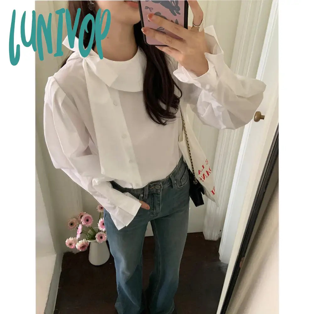 Lunivop Elegant White Shirts Women Vintage Bow Bandage Blouses Spring Office Lady Korean Long Sleeve All Match Chic Designer Tops Lightweight Chiffon Blouse