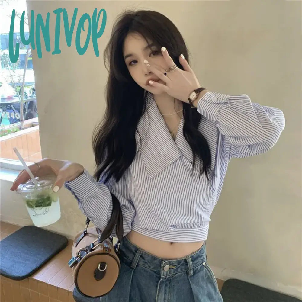 Lunivop Streetwear Striped Shirts Women Vintage Bandage Long Sleeve Crop Tops Spring Korean Fashion Elegant Casual Chic Blouses Drape Neck Blouse Lunivop Streetwear Striped Shirts Women Vintage Bandage Long Sleeve Crop Tops Spring Korean Fashion Elegant Casual Chic Blouses Drape Neck Blouse
