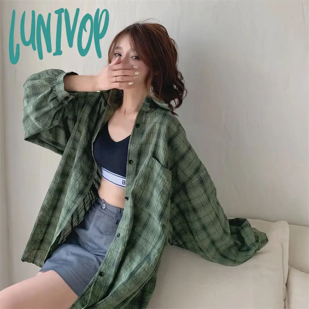 Lunivop Vintage Oversized Plaid Shirts Women Harajuku Lantern Long Sleeve Blouses Streetwear Korean Loose Sun Protection Tops New Sheer Sleeve Blouse Lunivop Vintage Oversized Plaid Shirts Women Harajuku Lantern Long Sleeve Blouses Streetwear Korean Loose Sun Protection Tops New Sheer Sleeve Blouse