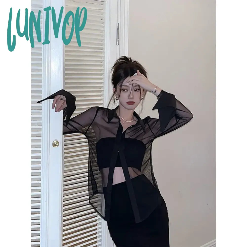 Lunivop Y2K Mesh Sheer Shirts Women Sexy Black See Through Blouses Summer Korean Fashion Aesthetic Long Sleeve Slim Chic Tops New Versatile Layering Blouse Lunivop Y2K Mesh Sheer Shirts Women Sexy Black See Through Blouses Summer Korean Fashion Aesthetic Long Sleeve Slim Chic Tops New Versatile Layering Blouse