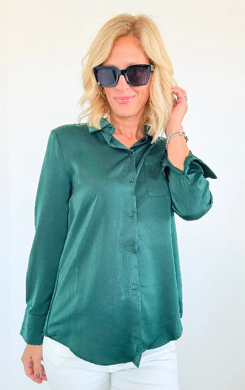 Midnight Forest Button Blouse Top-Hunter Green Relaxed Fit Blouse