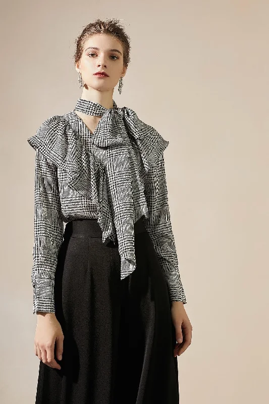 Monochrome Mosaic Tie-Neck Blouse Sleeveless Summer Blouse