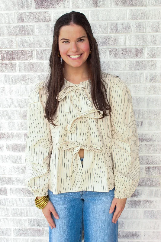 Montana Collection - Hot Springs Striped Woven Blouse w/ Tie Front Puff Sleeve Blouse