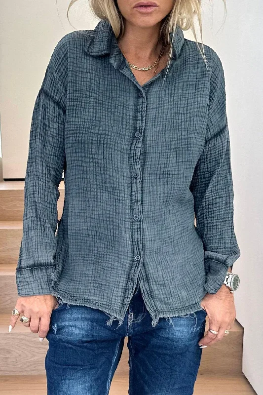 New pique blouse gray Off-Shoulder Wrap Blouse