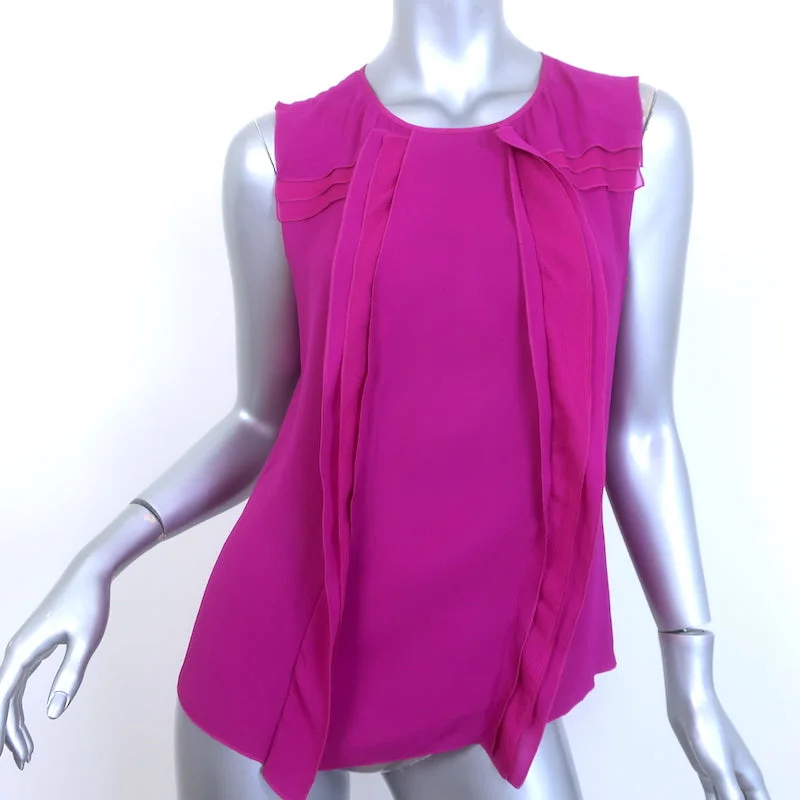 Nina Ricci Ruffle Blouse Magenta Silk Size 38 Sleeveless Top Balloon Sleeve Blouse