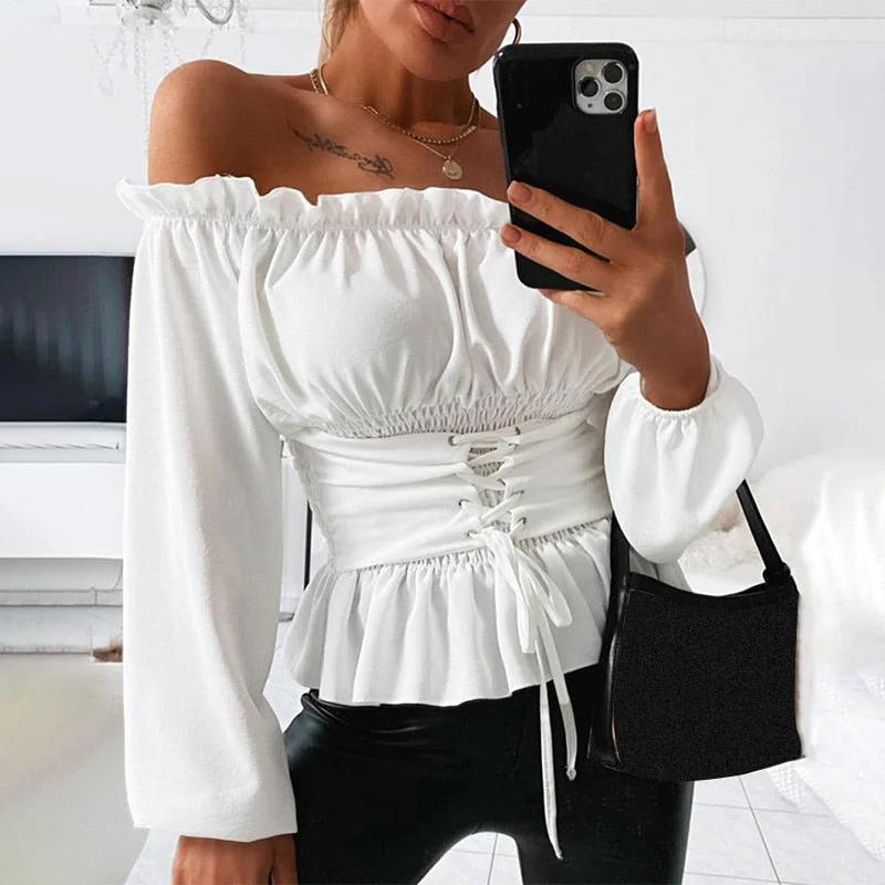 Off Shoulder Bandage Women's Blouse Ruffle Letter Print Lace Up Lantern Sleeve Female Blouses 2020 Summer Fashion Ladies Top Pleated Collar Blouse Off Shoulder Bandage Women's Blouse Ruffle Letter Print Lace Up Lantern Sleeve Female Blouses 2020 Summer Fashion Ladies Top Pleated Collar Blouse