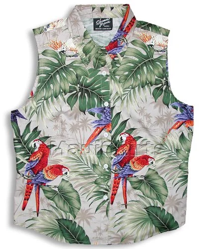 Parrots Monstera Women's Fitted Sleeveless Cotton Aloha Blouse Double-Layered Blouse Parrots Monstera Women's Fitted Sleeveless Cotton Aloha Blouse Double-Layered Blouse