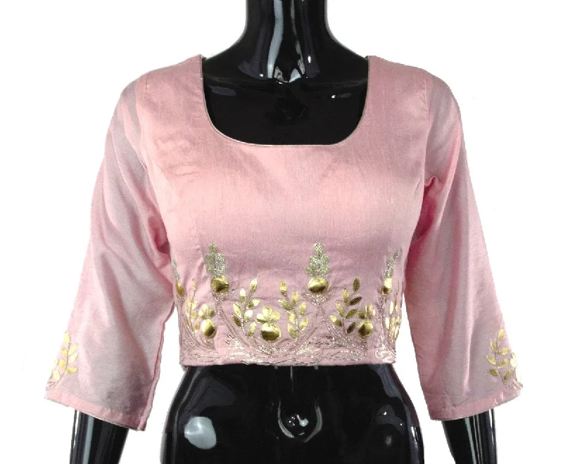 Pink Color Silk Blouse with Leather Patti Work Frilled Cuff Blouse