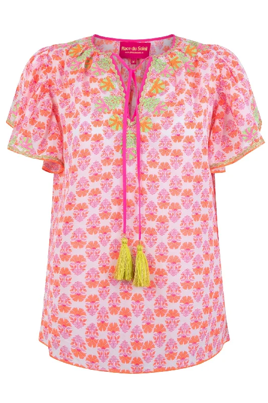 Place du Soleil 121 Pink Orange Print Short Sleeve Tie Neck Blouse Elegant Lace Blouse Place du Soleil 121 Pink Orange Print Short Sleeve Tie Neck Blouse Elegant Lace Blouse