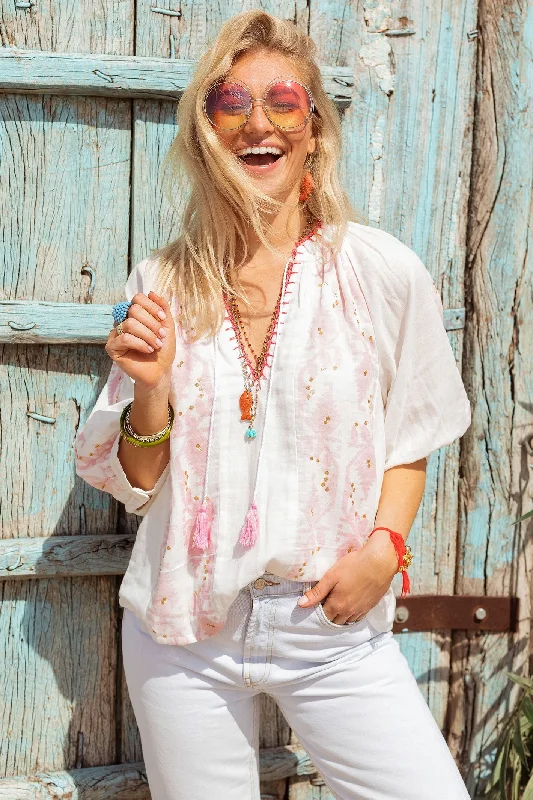 Place du Soleil 307 White Pink Ikat Cotton Blouse Classic Striped Blouse
