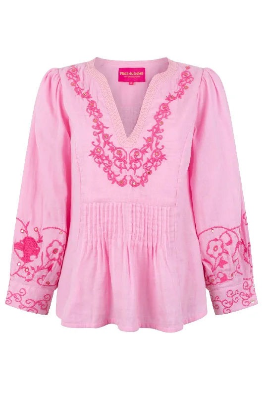 Place du Soleil 309 Rose Pink  V Neck Cotton Blouse Vintage Polka Blouse