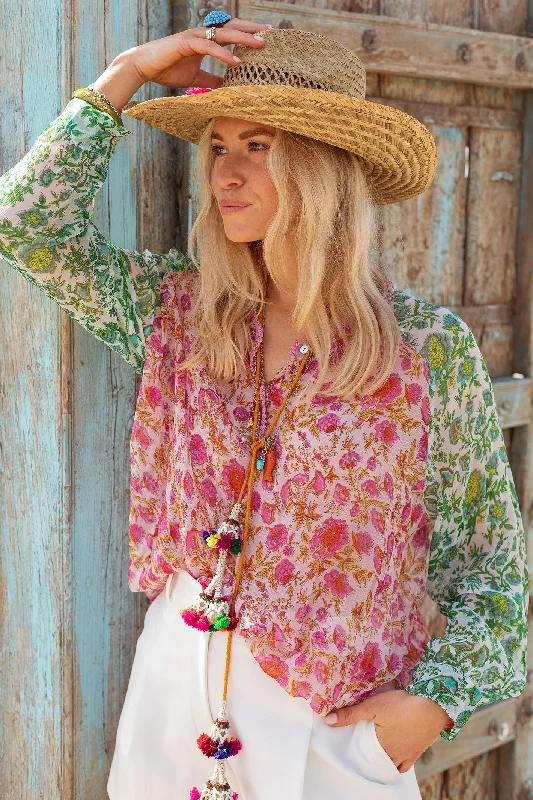 Place du Soleil 412 Pink Green Long Sleeve Chiffon Print Blouse Cotton Casual Blouse Place du Soleil 412 Pink Green Long Sleeve Chiffon Print Blouse Cotton Casual Blouse
