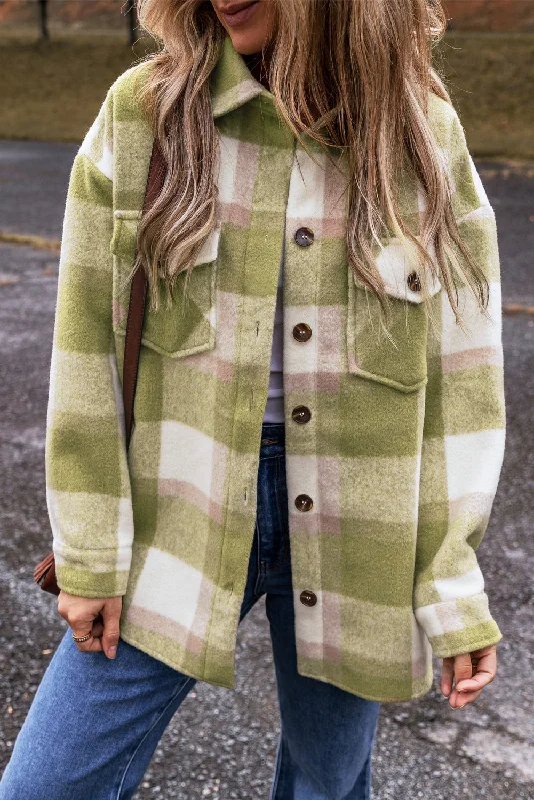 Plaid Buttoned Flap Baggy Shacket High Neck Blouse