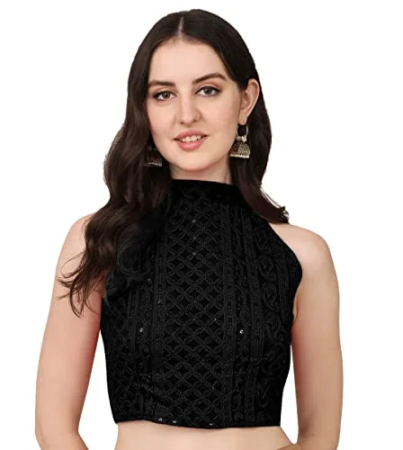 Pujia Mils Women's Halter Neck Chickenkari Work Readymade Saree Blouse (Halter Neck_Black_38) Sheer Mesh Blouse Pujia Mils Women's Halter Neck Chickenkari Work Readymade Saree Blouse (Halter Neck_Black_38) Sheer Mesh Blouse