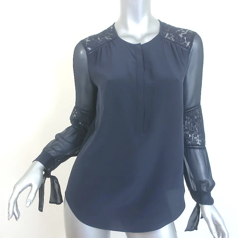 Rebecca Taylor Sarah Lace-Paneled Top Navy Silk Size 0 Tie-Cuff Blouse Chic Wrap Blouse Rebecca Taylor Sarah Lace-Paneled Top Navy Silk Size 0 Tie-Cuff Blouse Chic Wrap Blouse